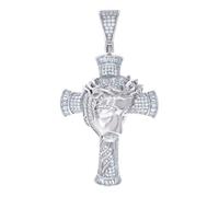 JewelryWeb 925 Sterling Silver Mens Round Baguette Cubic Zirconia Jesus Face Cross Religious Charm Pendant 59.7x32.9mm Wide Necklace for Men