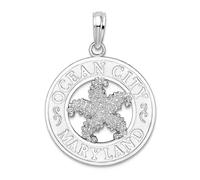 JewelryWeb 925 Sterling Silver Rhodium Plated Ocean City Md Circle With Sea shell Nautical Starfish Pendant Necklace 25.25mm long-Pendant for Women
