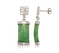 Jewelryweb 925 Sterling Silver/Rhodium Segment Green Jade Drop Dangle Asian Script Earrings (8mm X 30mm)-Dangle Earring for Women