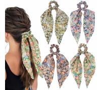 Jewemia Boho Hair Scarf Scrunchies for Women Bow Hair Ties Floral Hair Scrunchies Silk Elastic Ponytail Holder Hair Accessories for Girls 4 pcs (Flower-4)