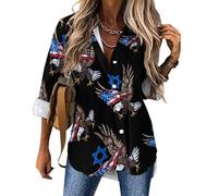 Jewish America USA Flag Eagle Israel Women's V Neck Shirts Long Sleeve T Shirts Button Down Tee Tops Casual Blouse S