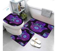 Jewish Culture Hebrew Hamsa Art Evil Eye Flannel Bathroom Rug Sets 3 Piece, Non Slip Contour Mat Toilet Lid Cover and Bath Floor Mats Shower Mats for Bathroom Tub Toilet31.5x20in