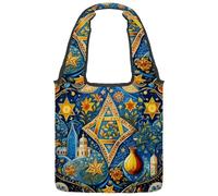 Jewish Culture Pattern Reversible Canvas Shoulder Tote - Double-Sided Print, 12oz Cotton, 27cm Drop, Fold-Flat Bag for Travel, Shopping, Street Outings