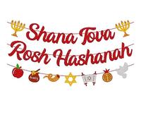 Jewish New Year Banner Shana Tova Rosh Hashanah Banner Shofar Honey Apple Pomegranate Bread Glitter Red Gold Garland Jewish Holiest Day Celebration Supplies