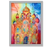 Jewish Synagogue Decorated Building Vibrant Folk Art Watercolour Painting Artwork Framed Wall Art Print A4 Artery8 Light Grey One Size