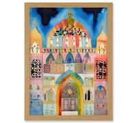 Jewish Synagogue Decorated Facade Folk Art Watercolour Painting Artwork Framed Wall Art Print A4 Artery8 Light Oak One Size