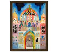 Jewish Synagogue Decorated Facade Folk Art Watercolour Painting Artwork Framed Wall Art Print A4 Artery8 Brown One Size