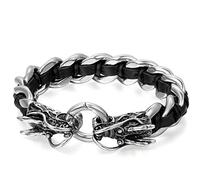 JewleryWe Gift for Dad Mens Stainless Steel Dragon Curb Chain Bracelet Interwoven with Black Genuine Leather Strap