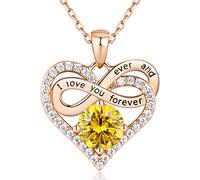 Jewlpire Infinity Heart Necklace for Women Girls with 925 Sterling Silver Chain, CZ Diamond Rose Gold Necklaces for Women, Christmas, Valentines, Birthday, Gift for Women Wife-Citrine
