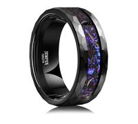 JEWPER Tungsten Rings for Men Womens 8mm Black Fashion Promise Wedding Band Hammered Groove Meteorite Orbo Carbide Beveled Polished Edge Comfort Fit, 12, Tungsten Metal, galaxy foil iron filings