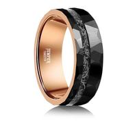 JEWPER Tungsten Rings for Men Womens 8mm Black Fashion Promise Wedding Band Hammered Groove Meteorite Orbo Carbide Beveled Polished Edge Comfort Fit, 4 UK, Tungsten Metal, iron filings