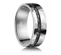 JEWPER Tungsten Rings for Men Womens 8mm Black Fashion Promise Wedding Band Hammered Groove Meteorite Orbo Carbide Beveled Polished Edge Comfort Fit, 13, Tungsten Metal, iron filings