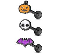 Jewseen 3PCS Halloween Lip Rings 16G Helix Earrings Internally Threaded Conch Piercing Jewelry Pumpkin Tragus Stud Bat Flat Back Earrings Black Cartilage Piercing Jewelry for Women Men, 1.2*8, Metal