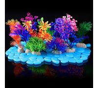 Jexine 100 Pcs Fish Tank Rocks Glow Blue, Fish Tank Stones Accessories Gravel with 10 Pack Artificial Aquatic Plants Coral Reef Decorations for Aquariums