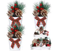 Jexine 3 Set Christmas Tiered Tray Decor White Christmas Pine Cones Mini Potted Pine Cones Decor Farmhouse Plant Decor Items for Tiered Trays Farmhouse Artificial Plants Small Decor for Home