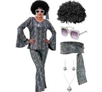 Jexine Halloween 70s Women Disco Outfit Costume Set Disco Party Top Pants Sunglasses Ball Necklace Earring Wig(Black Laser,Medium)
