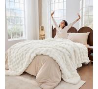 Jeyfull Fluffy Blanket for Couch Soft Luxury Faux Rabbit Fur Throw Cozy Fuzzy Plush Bubble Blanket Thick Warm Decorative Throw for Bed, Sofa (Queen Size 90''x90'', Cream White)