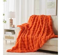 Jeyfull Fluffy Luxury Faux Rabbit Fur Bubble Blanket - Warm & Cozy Fuzzy Plush Thick Decorative Throw Blanket for Bed, Sofa - Queen Size 90''x90'', Orange