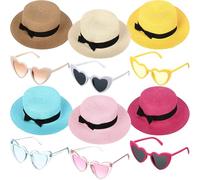 Jeyiour 12 Pcs Women Floppy Summer Hat Wide Brim with Heart Shape Glasses Big Bowknot Straw Hat Sun Hats Heart Sunglasses, Colorful, One Size