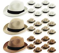Jeyiour 24 Pcs Women Straw Hat Bulk Panama Hat Men Short Brim Packable Sun Trilby Hat Summer Hats Foldable Straw Beach Hat for Women Men Vacation, Khaki Beige and White, Khaki, Beige and White, One