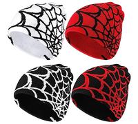 Jeyiour 4 Pcs Y2k Beanies Spider Web Pattern Beanie Gothic Acrylic Knitted Hat Casual Streetwear Outdoor for Men Women, Classic Color, One Size