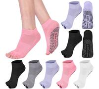 Jeyiour 5 Pairs Toeless Pilates Yoga Socks with Grips Non Slip Pilates Yoga Open Toe Pedicure Split Toe Socks for Women, White, Purple, Pink, Gray, Black, M