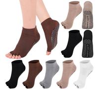 Jeyiour 5 Pairs Toeless Yoga Socks with Grips Non Slip Pilates Yoga Open Toe Pedicure Split Toe Socks for Women, White, Brown, Khaki, Gray, Black, Medium