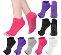 Jeyiour 5 Pairs Toeless Yoga Socks with Grips Non Slip Pilates Yoga Open Toe Pedicure Split Toe Socks for Women, Black, White, Medium Gray, Dark Purple, Rose Red, M