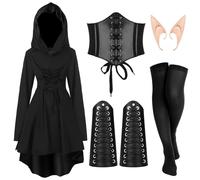 Jeyiour 5 Pcs Women Renaissance Fairy Costumes Set Medieval Hooded Robe Elf Ears Accessories for Halloween Cosplay (Black,Large)