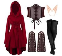 Jeyiour 5 Pcs Women Renaissance Fairy Costumes Set Medieval Hooded Robe Elf Ears Accessories for Halloween Cosplay (Red,Medium)