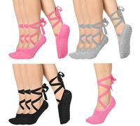 Jeyiour 9 Pack Ballet Tie Socks for Women with Grips Pilates Yoga Non-slip Socks for Dancing Barre Ballet Yoga Pilates Barefoot Workout, Black, Gray, Pink, One size