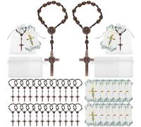 Jeyiour 96 Pcs Christian Catholic Favor Set Include 32 Finger Christian Rosaries Beads with Crucifix, 32 Organza Bags and 32 God Bless Tags Christening Wedding Party Favors(Dark Wood)