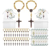 Jeyiour 96 Pcs Christian Catholic Favor Set Include 32 Finger Christian Rosaries Beads with Crucifix, 32 Organza Bags and 32 God Bless Tags Christening Wedding Party Favors (Light Wood)