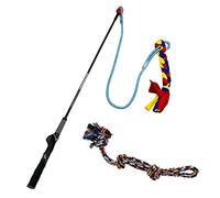 Jeypets Flirt Pole Tug Dog Toy Extendable Teaser Wand Exercise and Training Interactive Toy for Small Medium Large Dogs with Two Braided Cotton Blend Rope for Chasing Pulling Chewing Agility Training