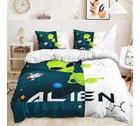 JEZIVLO Alien Duvet Cover Set Double Size Green And White Bedding Set Alien Printed For All Season Soft Easy Care Quilt Cover Set For Kids Teen Boys And Girls