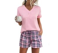 Jezonga Women's Pyjamas Sets Short Sleeve Ladies V Neck Casual Two Piece Pjs Loungewear Sleepwear Nightwear with Pockets A-Pink, M