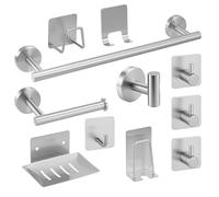 JF HOME BLISS 11-Piece Bathroom Accessories Set - No-Drill Stainless Steel Towel Rail & Toilet Roll Holder with Adhesive Hooks, Towel Hooks & Wall-Mounted Bathroom Hardware Kit (Silver)