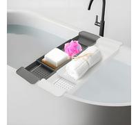 JF HOME BLISS Adjustable Bathtub Caddy Tray Retractable Bath Rack Shelf with Drain Holes Expandable Bathtub Organizer Holder for Wine Glass Book Tablet Phone Candles Bathroom (White)