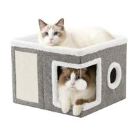 JF HOME BLISS Cat House for Indoor Pets 2 Layer Large cat cave with Scratch Board and Ball (Flax, 1)