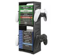 JF HOME BLISS Game Storage Tower Universal Vertical Stand Holds 24 Discs for PS5 Xbox Series X/S Switch PS4 Blu-Ray Double-Tier Organizer with Controller Hooks Space-Saving Design for Gamers