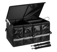 JF HOME BLISS Heavy-Duty Car Boot Organiser 65L Collapsible Waterproof Storage Box with Compartments Reflective Strips & Anti-Slip Base for SUV Truck Hatchback Foldable Cover & Mesh Pockets Black