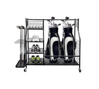 JF HOME BLISS Heavy Duty Golf Storage Rack with Wheels Extra Large Golf Club Organizer for 2 Bags Includes Lockable Casters Shelves & Mesh Basket Golf Bag Stand for Garage Basement & Clubhouse