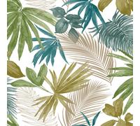 (JF3602 Green Teal Blue Gold) Grandeco Jungle Tropical Wild Metallic Palm Leaves Leaf Wallpaper Exotic Vinyl