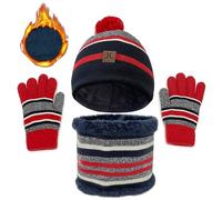 JFAN 3 Pcs Kids Hats Scarf Gloves Set Winter Warm Beanie 3 in 1 Thermal Knitted Pompom Stripe Beanie Toddler Cap for Boys Girls 2-13 Year Striped Red