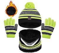 JFAN 3 Pcs Kids Hats Scarf Gloves Set Winter Warm Beanie 3 in 1 Thermal Knitted Pompom Stripe Beanie Toddler Cap for Boys Girls 2-10 Year Striped Green