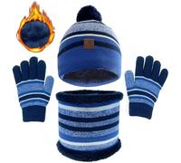 JFAN 3 Pcs Kids Hats Scarf Gloves Set Winter Warm Beanie 3 in 1 Thermal Knitted Pompom Stripe Beanie Toddler Cap for Boys Girls 2-9 Year Striped Blue