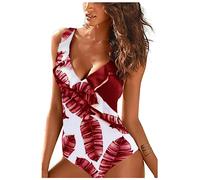 JFAN One-Piece Swimsuit Women V-Neck Ruffle Bathing Suit Tummy Control High Cut Bikini Set Maple Leaf,X-Large