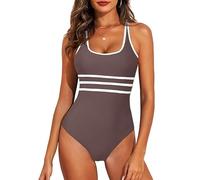 JFAN Swimming Costume Women Sporty U Back One Piece Swimsuit Tummy Control Slimming Monokini Push Up Swimwear Shaping Swimwear Padded Bathing Suits,Coffee,L