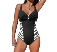 JFAN Women Swimsuit One Piece Swimming Costumes V Neck Tummy Control Swimwear Ruched Patchwork Floral Print Bathing Suit Black Zebra L