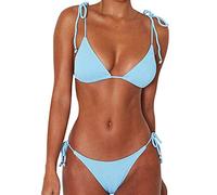 JFAN Women's Ribbed Tie Bikini Brazilian Swimsuit Spaghetti Stripes Padded Bikini Set 7 Piece Sexy Halter Top Triangle Bikini Set Beachwear(Blue,M)